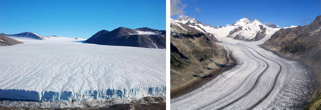 Celinski ledenik Commonwealth na Antarktiki (Vir: TrekEarth) in alpski ledenik Aletsch v Švici, največji alpski ledenik (Vir: Wikipedija).