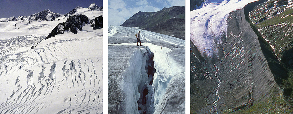 Primeri ledeniških pojavov – razpoke in morena (Vir: SwissEduc - Glaciers online).