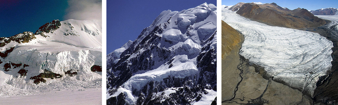 Primeri ledeniških pojavov – seraki, viseči ledenik, ledeniški rob (Vir: SwissEduc - Glaciers online).